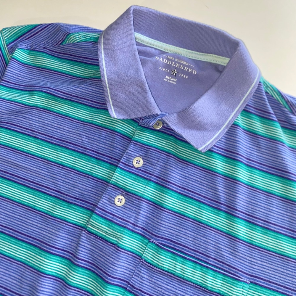 Saddlebred Mens Purple Teal Striped Short Sleeve Polo Shirt Chest Pocket Medium